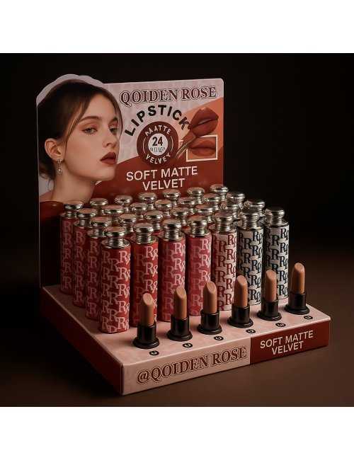 Lipstick Soft Matte Velvet Waterproof 24H pack 24 Qodien Rose - Vente professionnelle