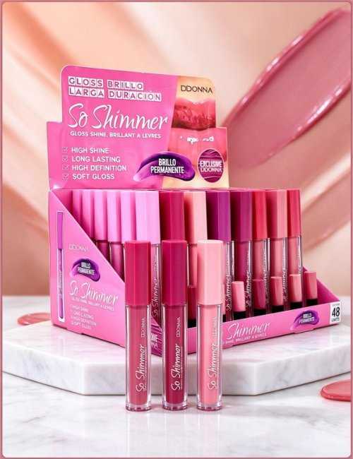 PACK 48 Lipgloss SO SHIMMER 24H D'DONNA, brillance intense